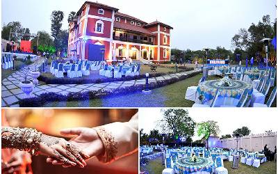 A collage of images, a lawn arranged in blue coloured theme decor with chairs and tables for a wedding.